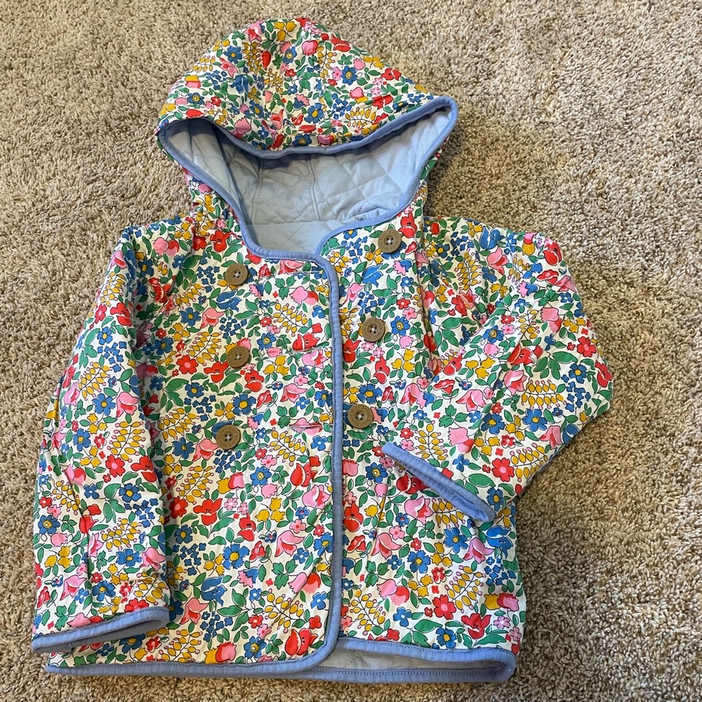 Reversible Baby Boden quilted jacket blue and floral